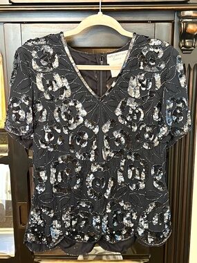 Papell Boutique Black Sequined Floral-Embellished Midi Dress